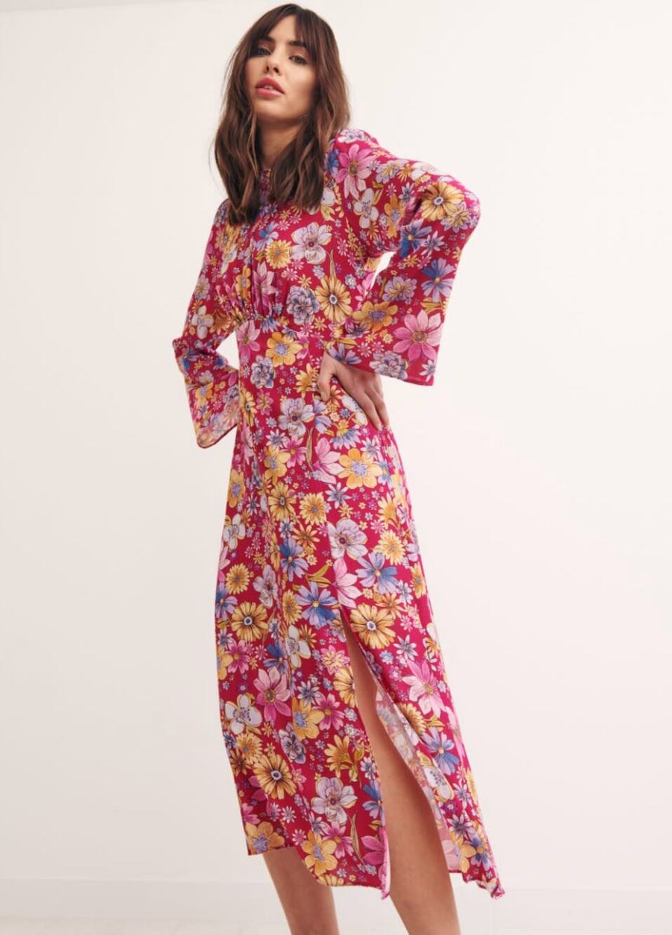 Nobody’s Child Anthropologie Tula Midi Dress Pink Floral Long Bell Sleeves NEW